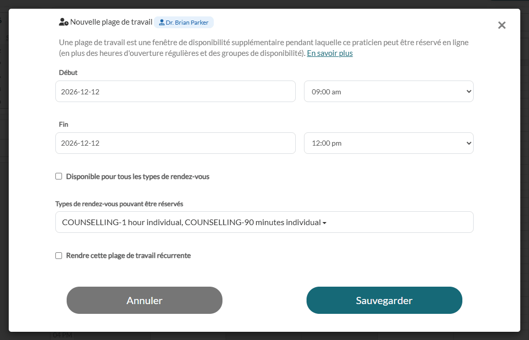 Fenêtre Nouvelle plage de travail avec deux types de rendez-vous sélectionnés