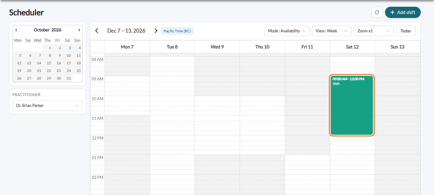 Shift displayed on a Saturday morning in the Availability mode