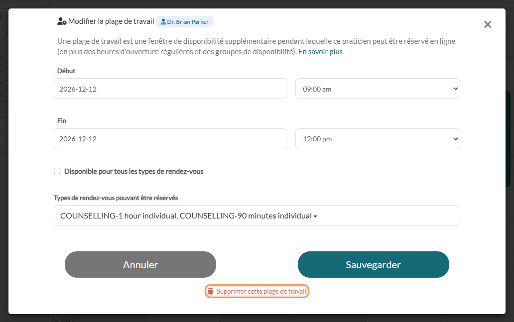 Fenêtre Modifier la plage de travail avec le lien Supprimer cette plage de travail