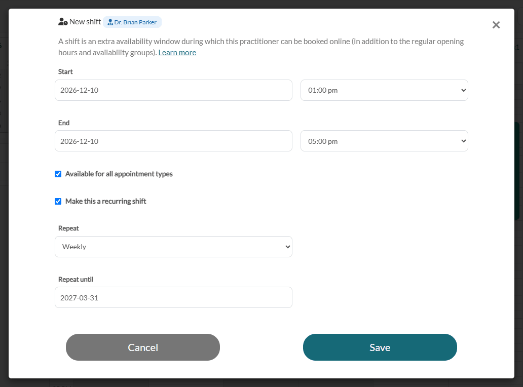 Recurring shift options: repeat weekly until a given date