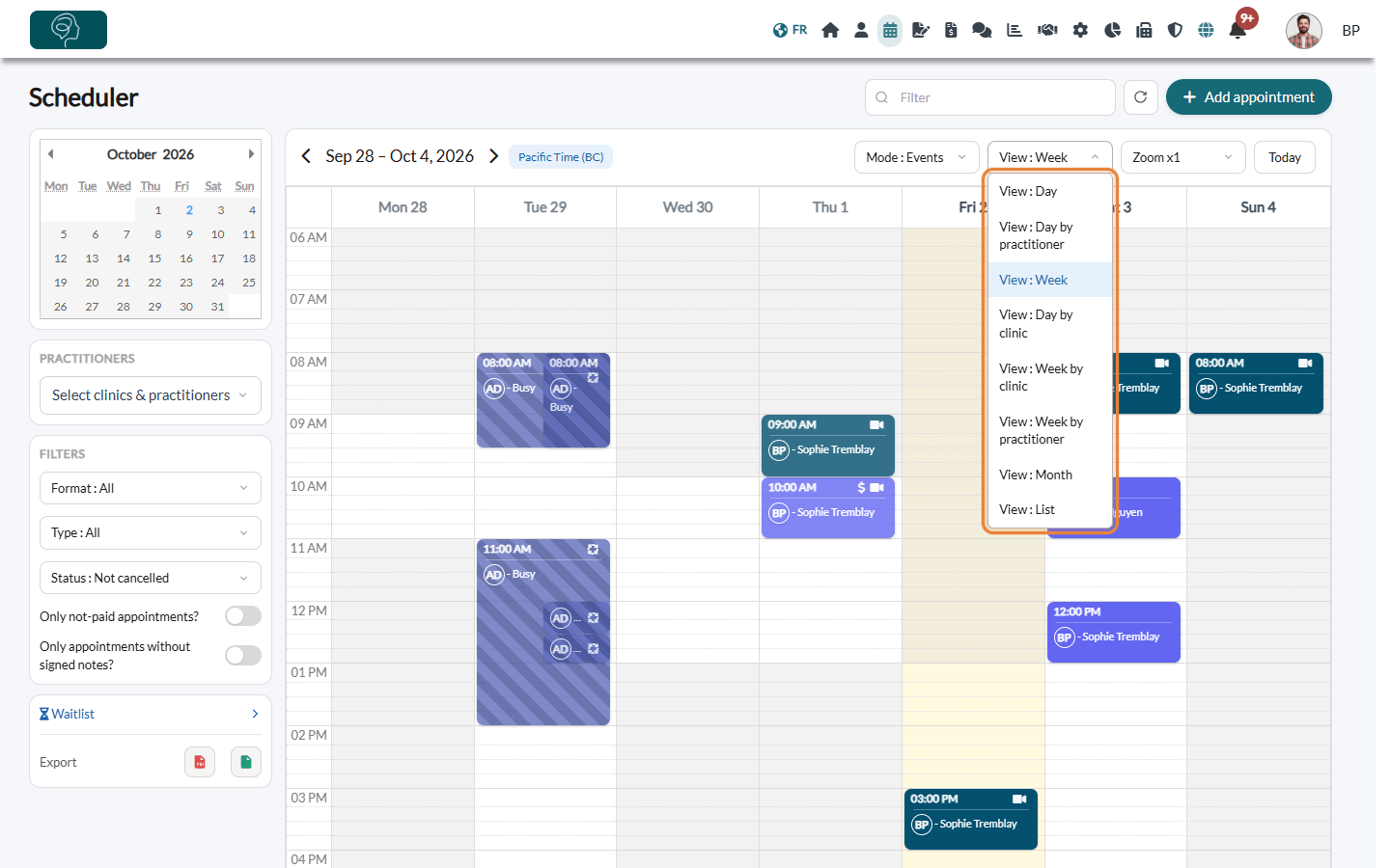 View list of the scheduler with all the available views