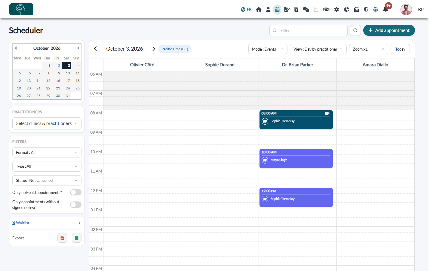 Day by practitioner view with one column per practitioner