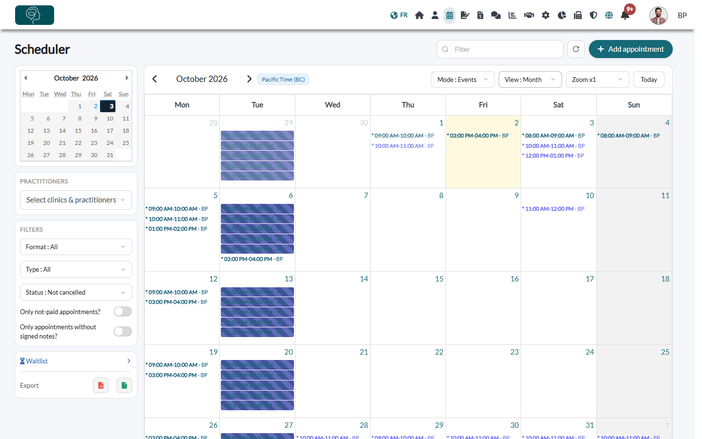 Month view of the scheduler