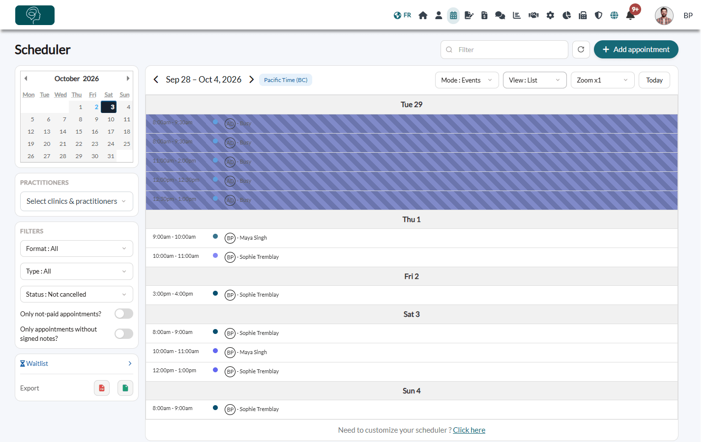List view of the scheduler, grouped by day