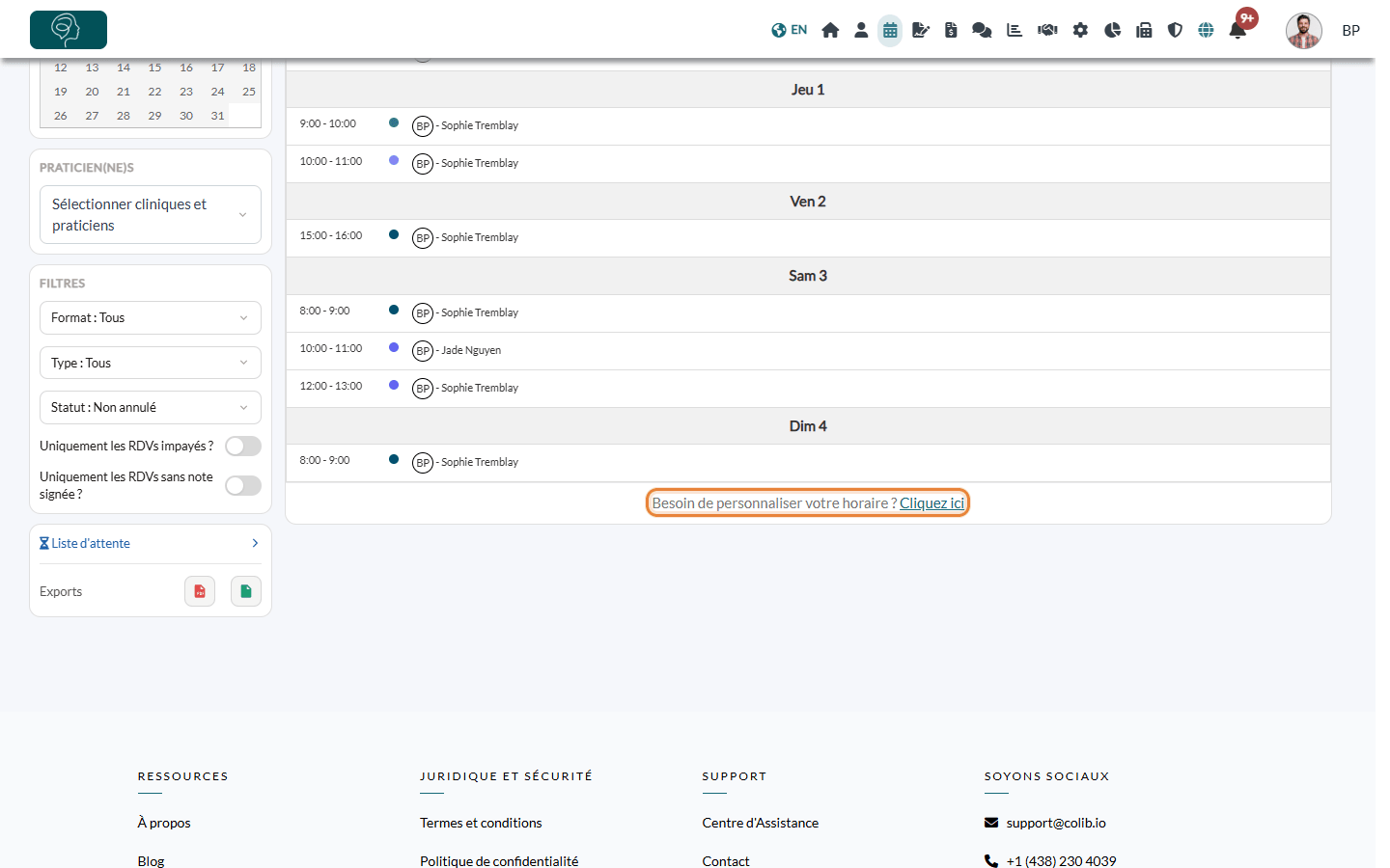 Lien Besoin de personnaliser votre horaire ? Cliquez ici sous le calendrier