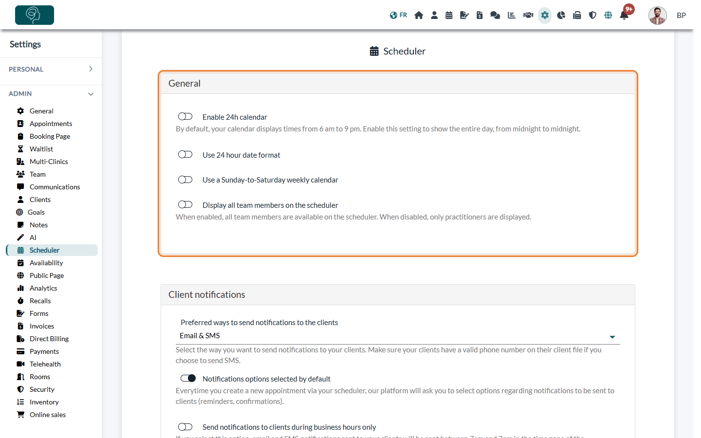 General section of Settings > Scheduler with its four options