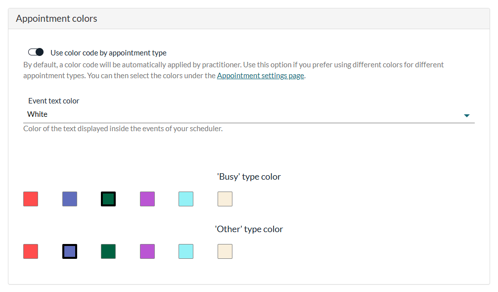 Appointment colors section of Settings > Scheduler