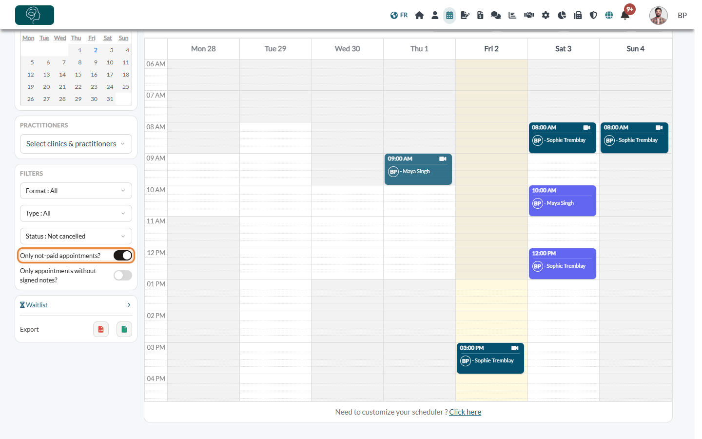 Only not-paid appointments switch turned on: the paid appointment is hidden