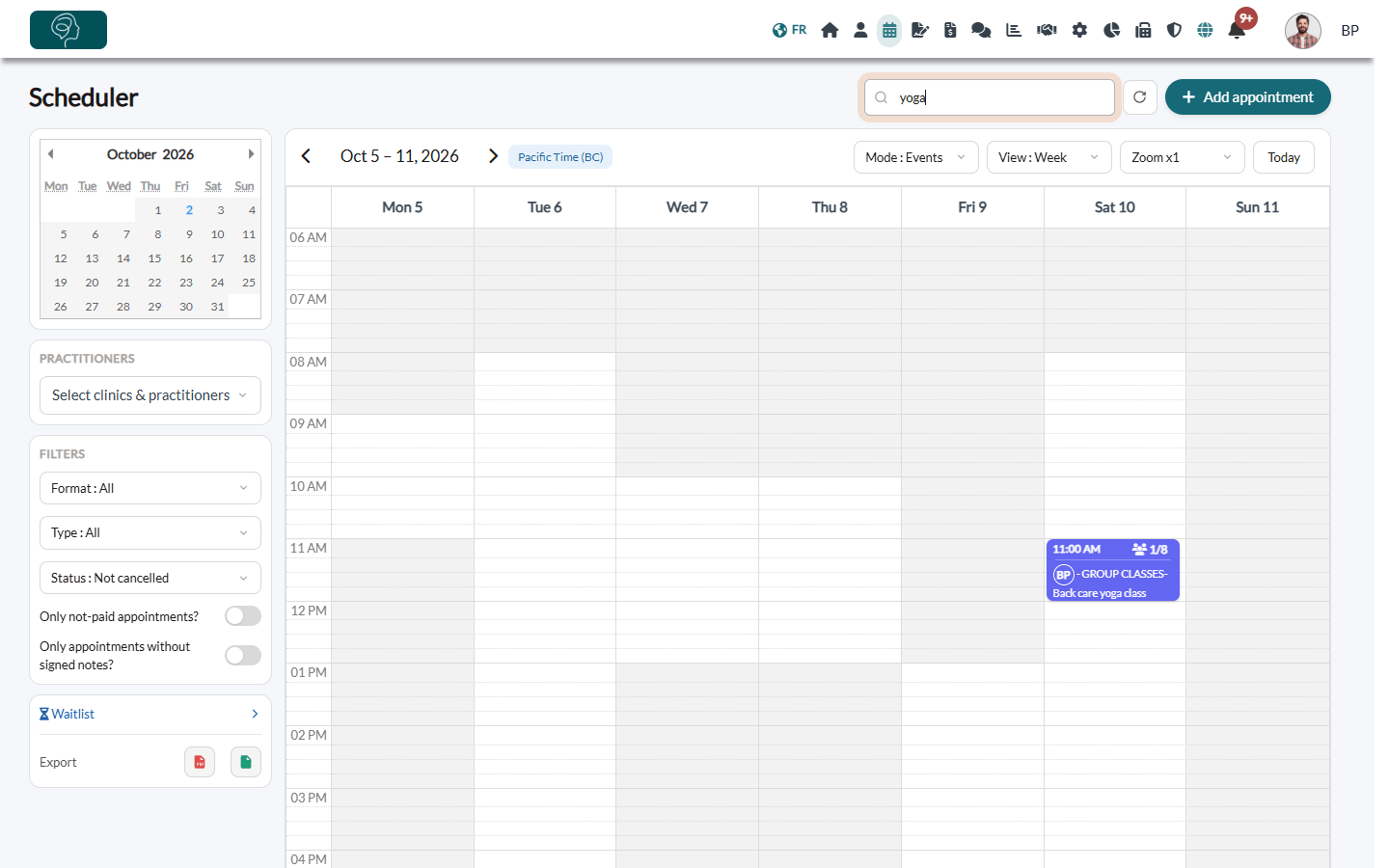 Filter field of the scheduler with the word yoga: only the matching group class is shown