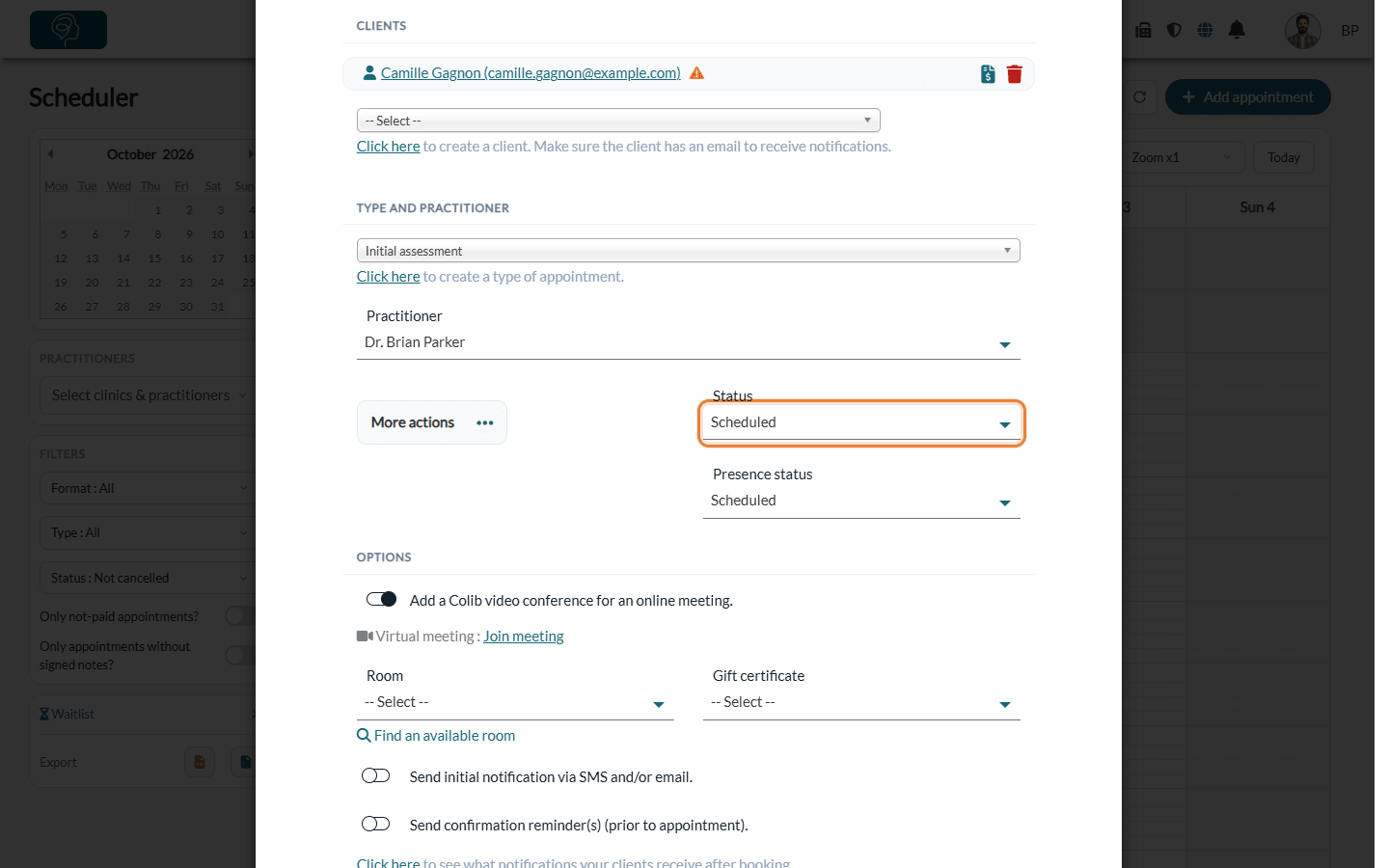 Status field of the Edit appointment window