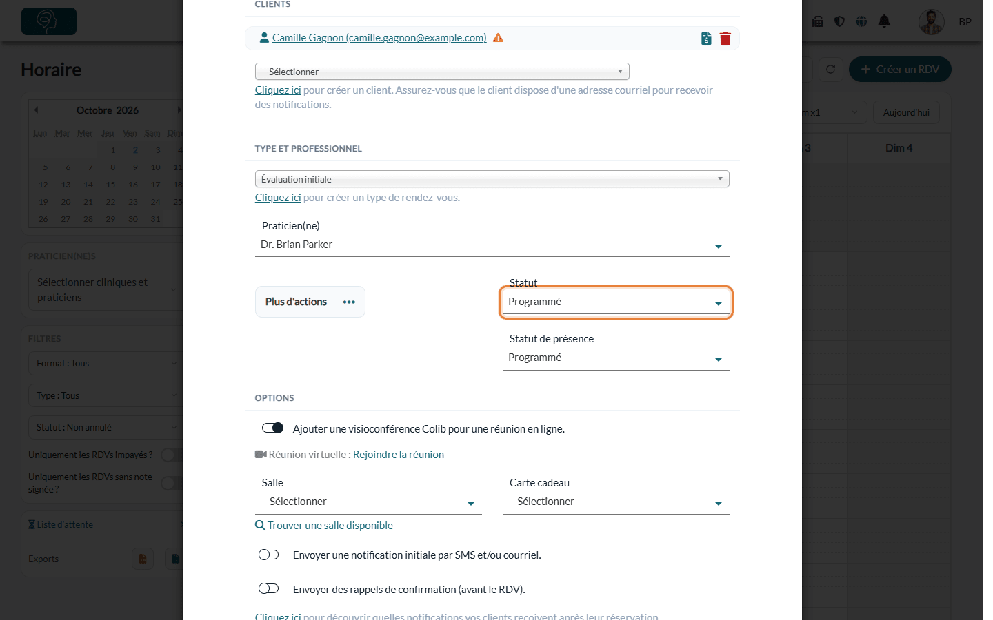 Champ Statut de la fenêtre Modifier le rendez-vous
