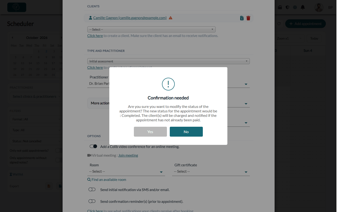 Confirmation window shown when an appointment is marked as Completed
