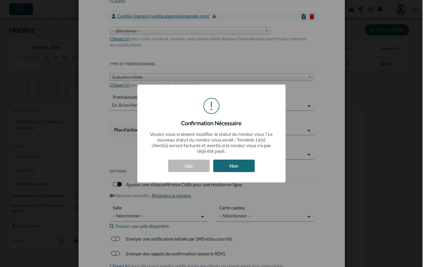 Fenêtre de confirmation affichée quand un rendez-vous passe à Terminé