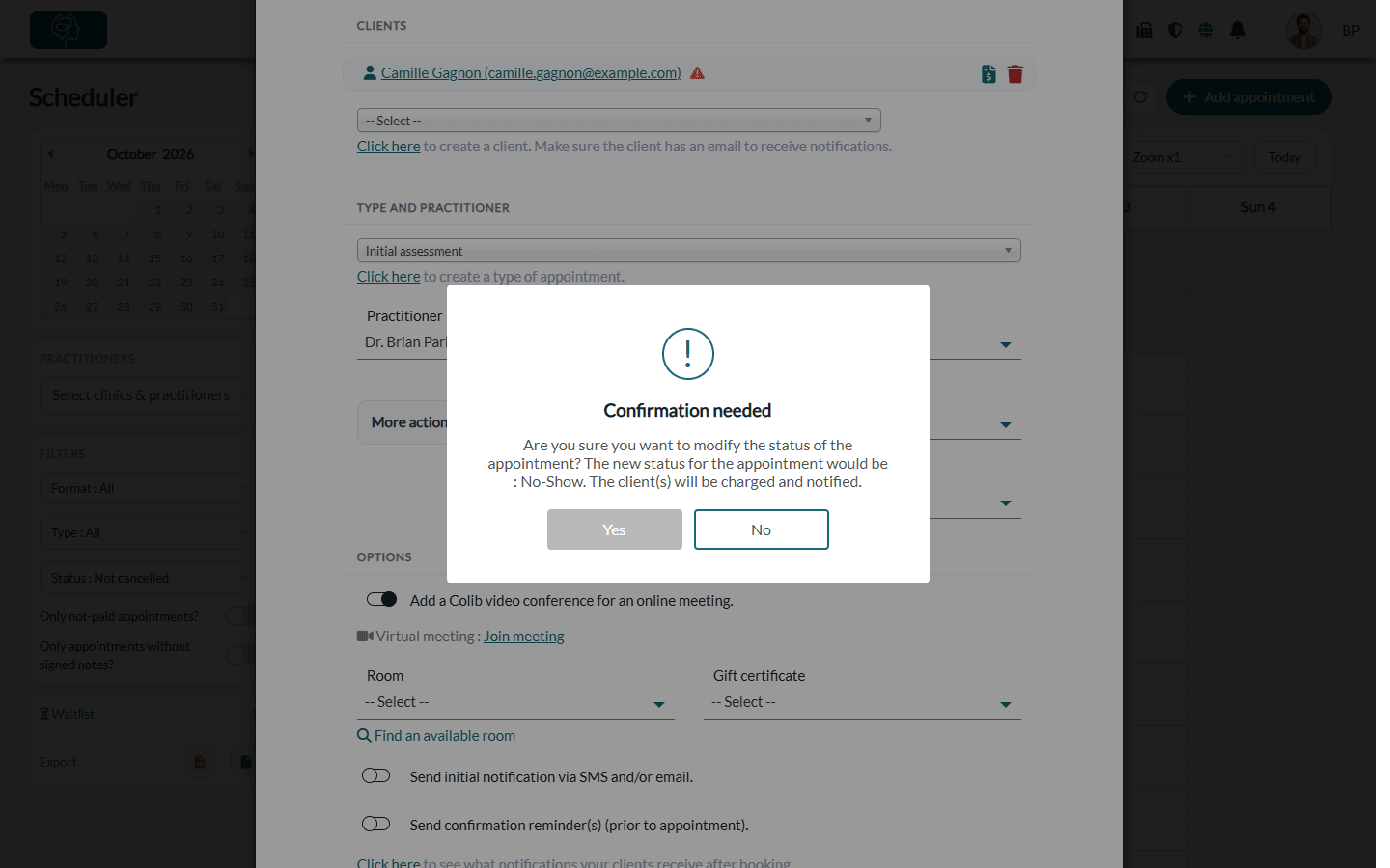 Confirmation window shown when an appointment is marked as No-Show