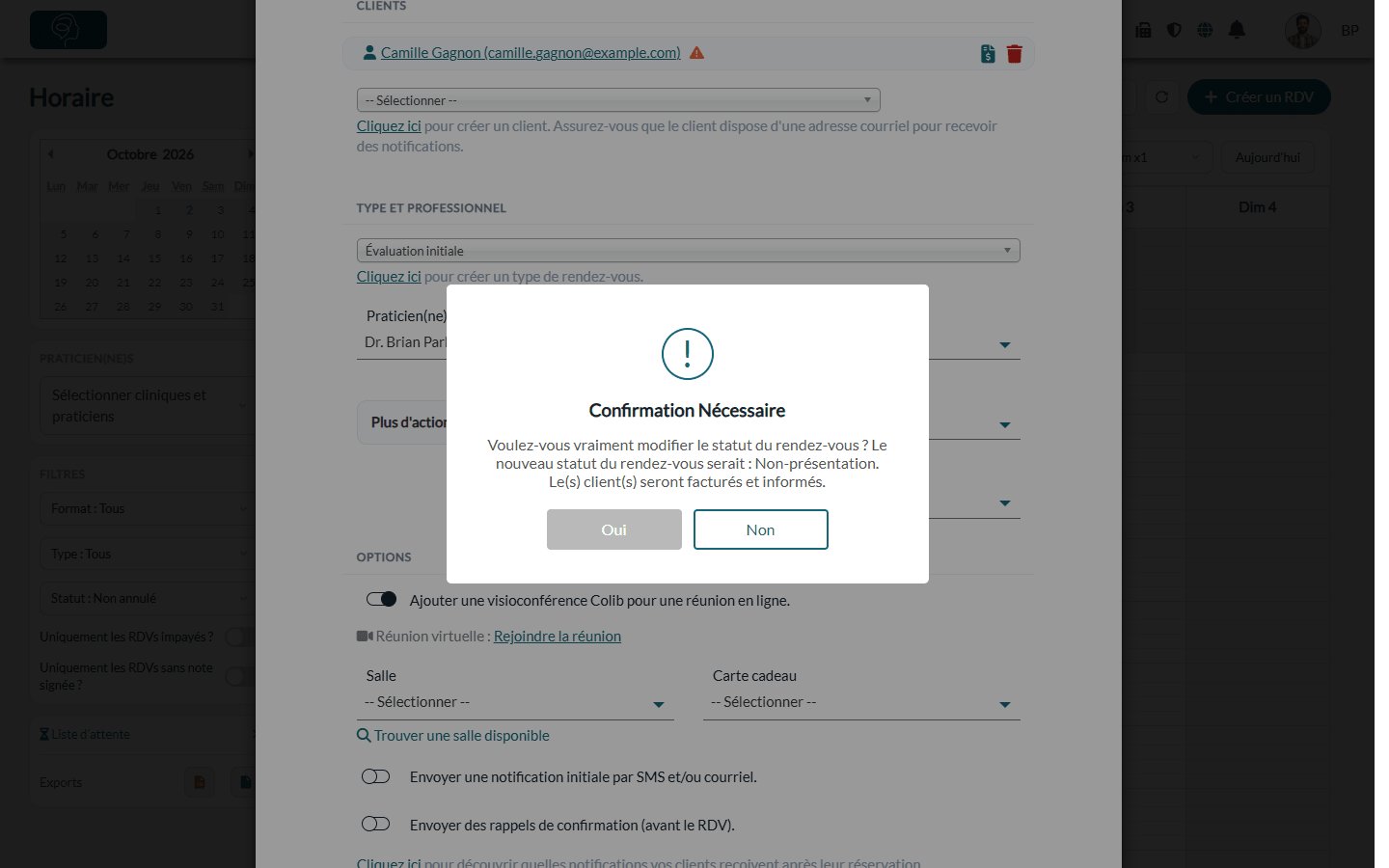Fenêtre de confirmation affichée quand un rendez-vous passe à Non-présentation