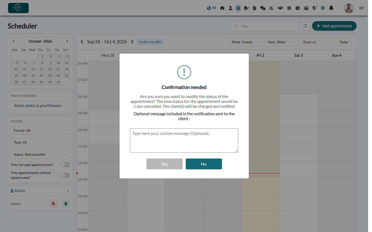 Confirmation window of a late cancellation, with the optional message for the client