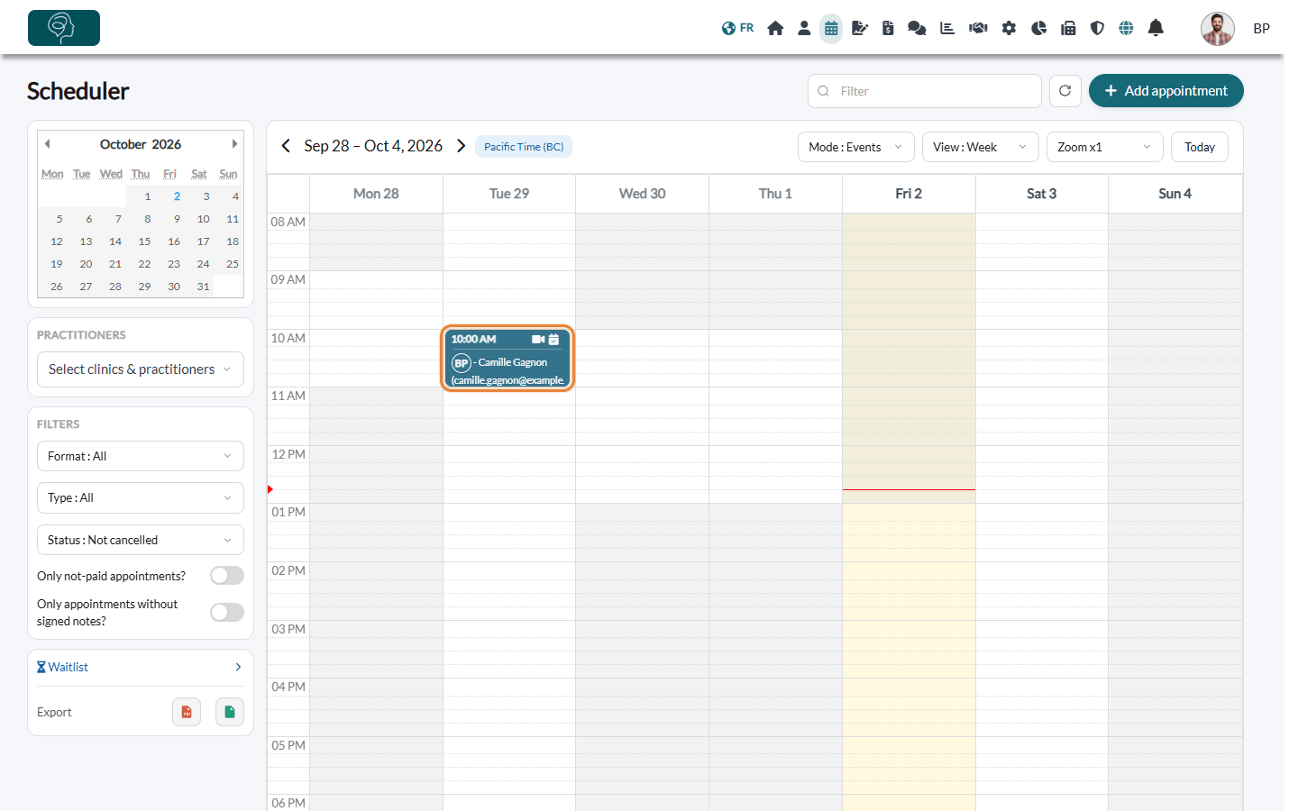 A confirmed appointment in the scheduler with its icon