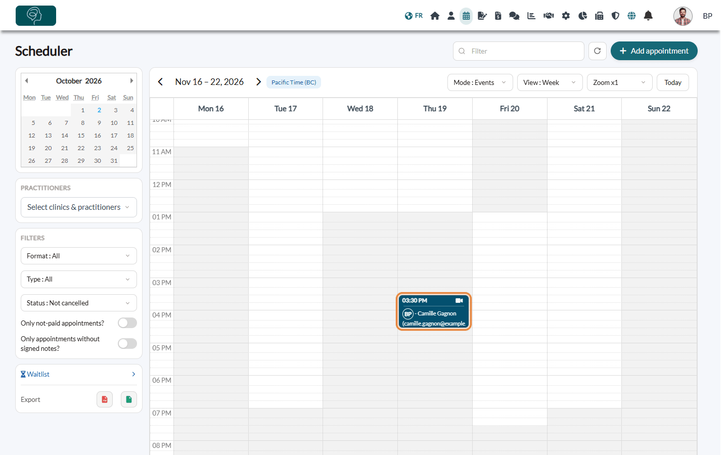 The appointment at its new day and time in the scheduler