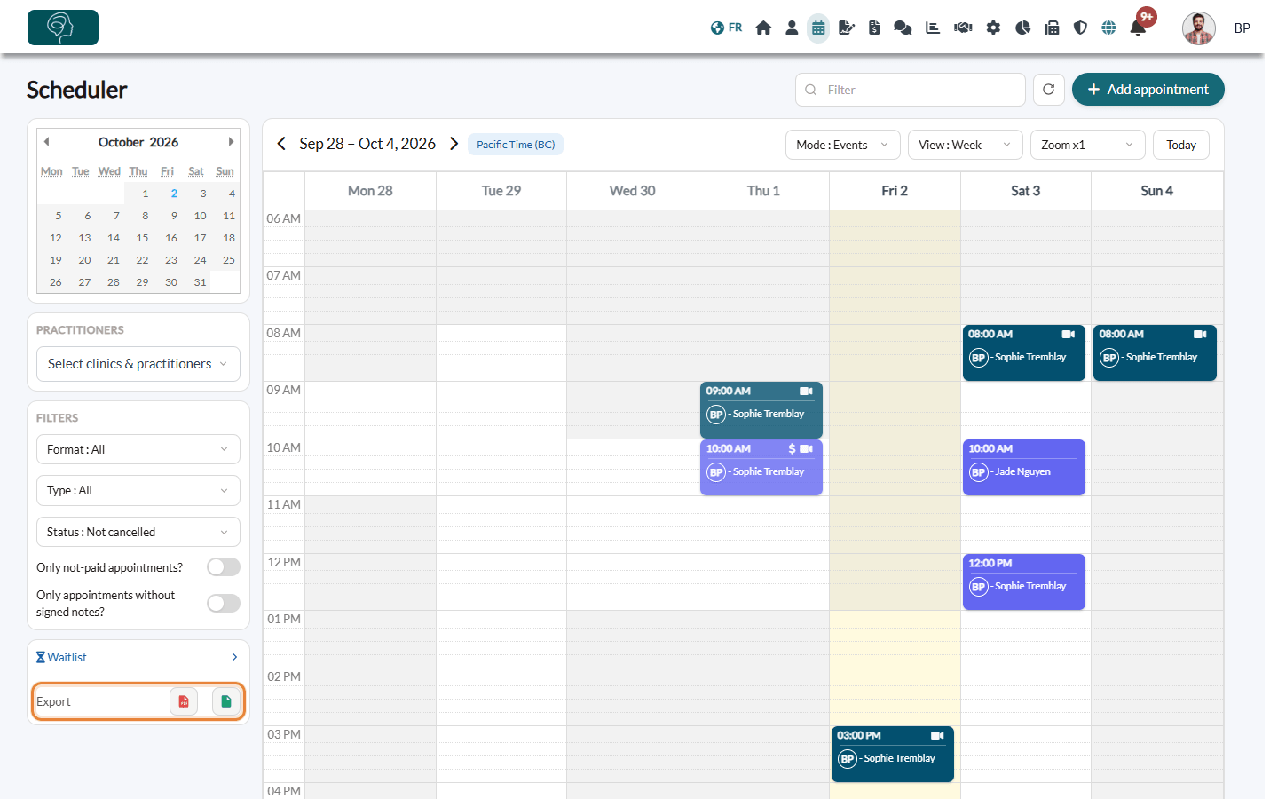 Export row with the PDF and Excel icons at the bottom of the left column of the scheduler