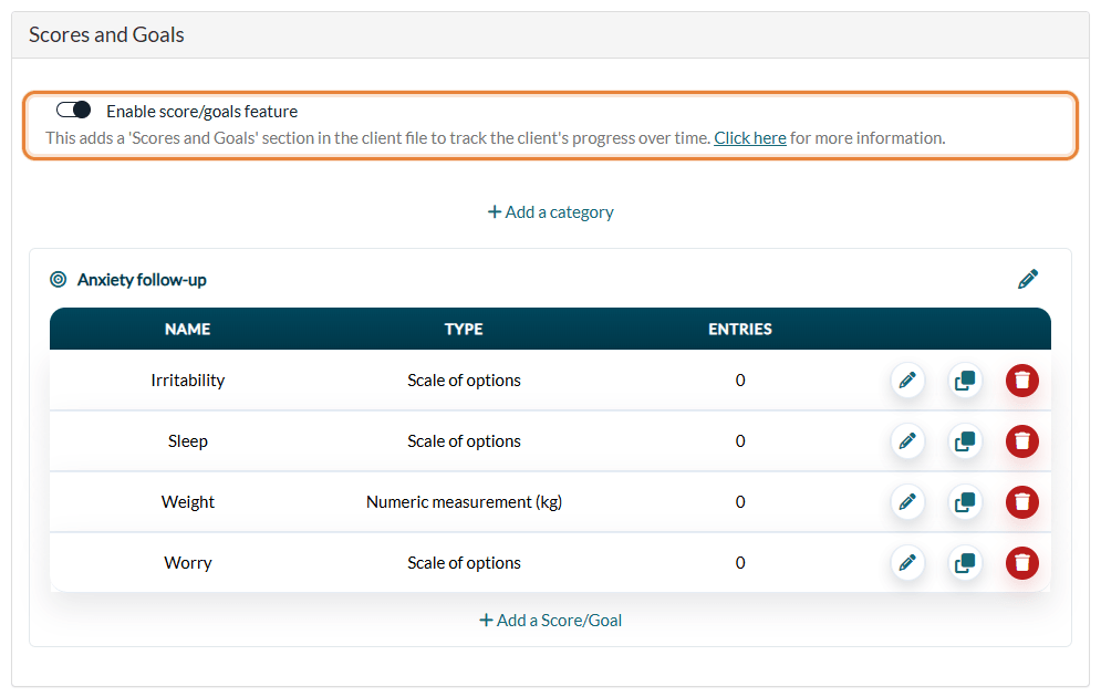 Settings > Goals: Enable score/goals feature toggle and a category of goals