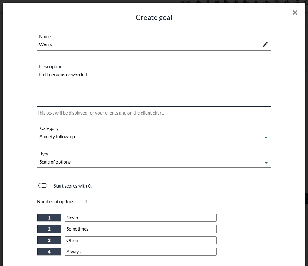 Create goal window: name, description, category, scale of options with four options