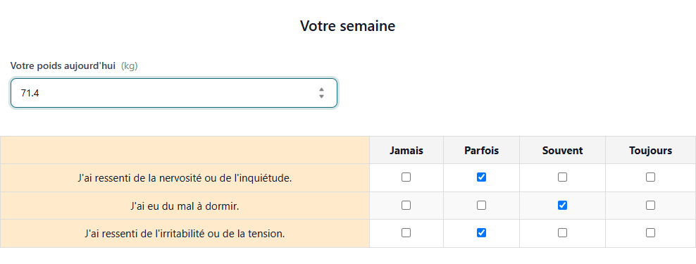 Formulaire rempli par un client : grille d'options pour les objectifs de type échelle et champ numérique pour le poids