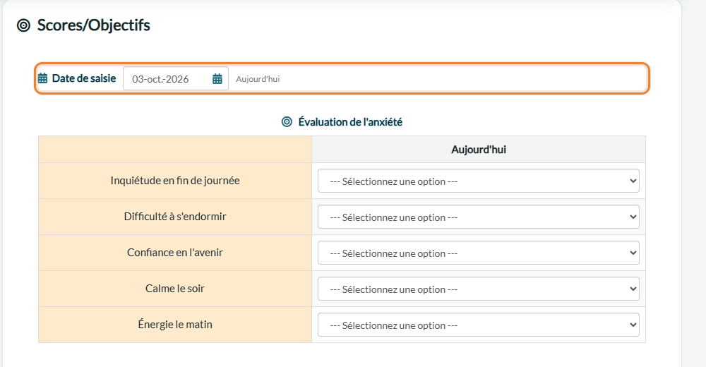 Date de saisie réglée sur aujourd'hui au-dessus des tableaux de scores