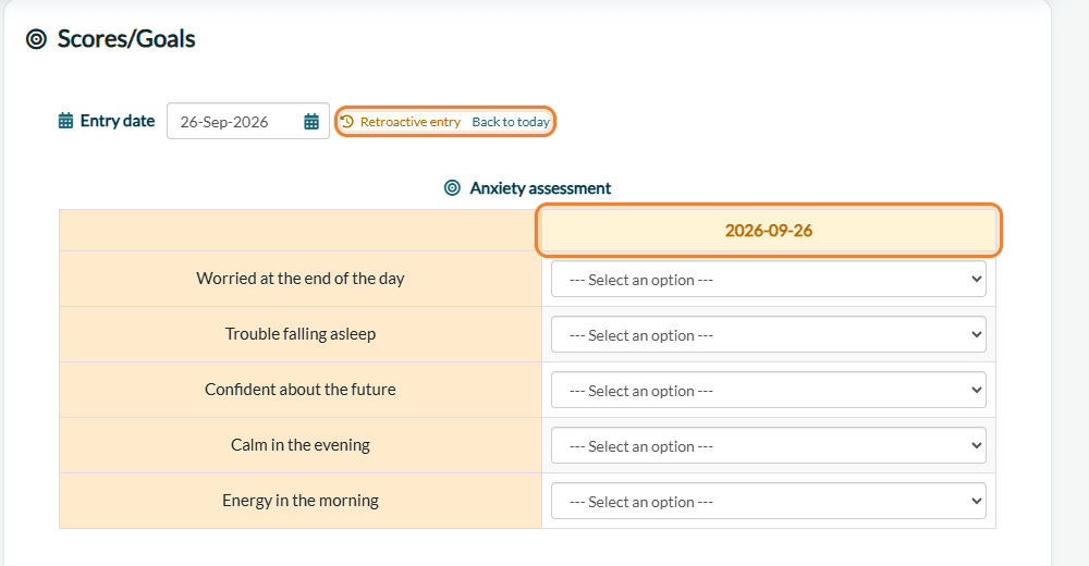 Retroactive entry: the entry column shows the chosen past date