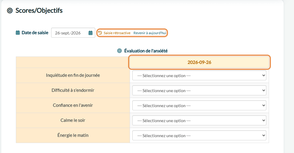 Saisie rétroactive : la colonne de saisie affiche la date passée choisie