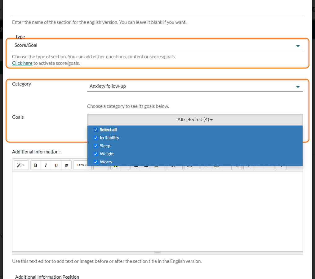 Add Section window: Score/Goal type, a category and the list of its goals