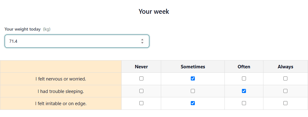 Score/Goal section filled by a client: one option ticked per goal and the weight entered