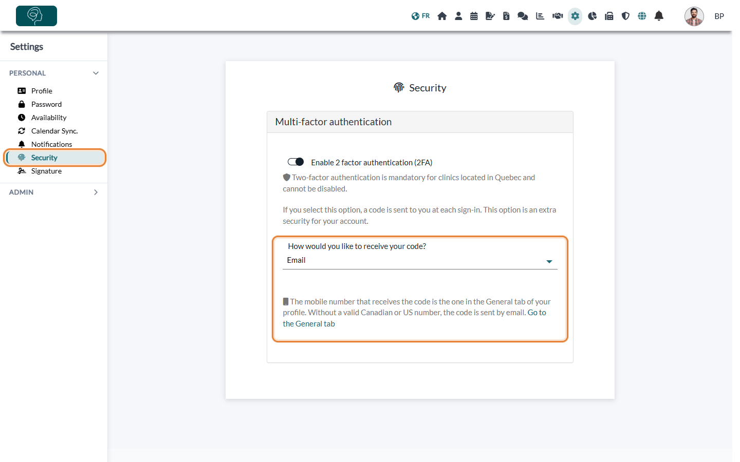 Security tab of the personal settings with the Enable 2 factor authentication switch and the How would you like to receive your code list