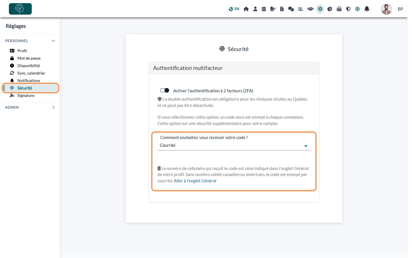 Onglet Sécurité des réglages personnels avec l'interrupteur Activer l'authentification à 2 facteurs et la liste Comment souhaitez-vous recevoir votre code