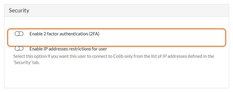 Security section of the Team Member Edition window with the Enable 2 factor authentication switch