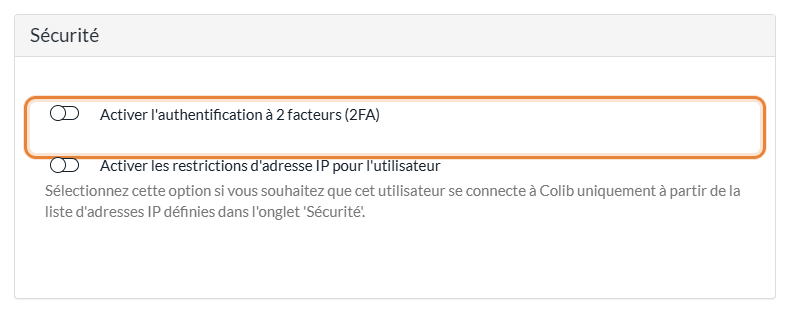 Section Sécurité de la fenêtre Édition membre de l'équipe avec l'interrupteur Activer l'authentification à 2 facteurs