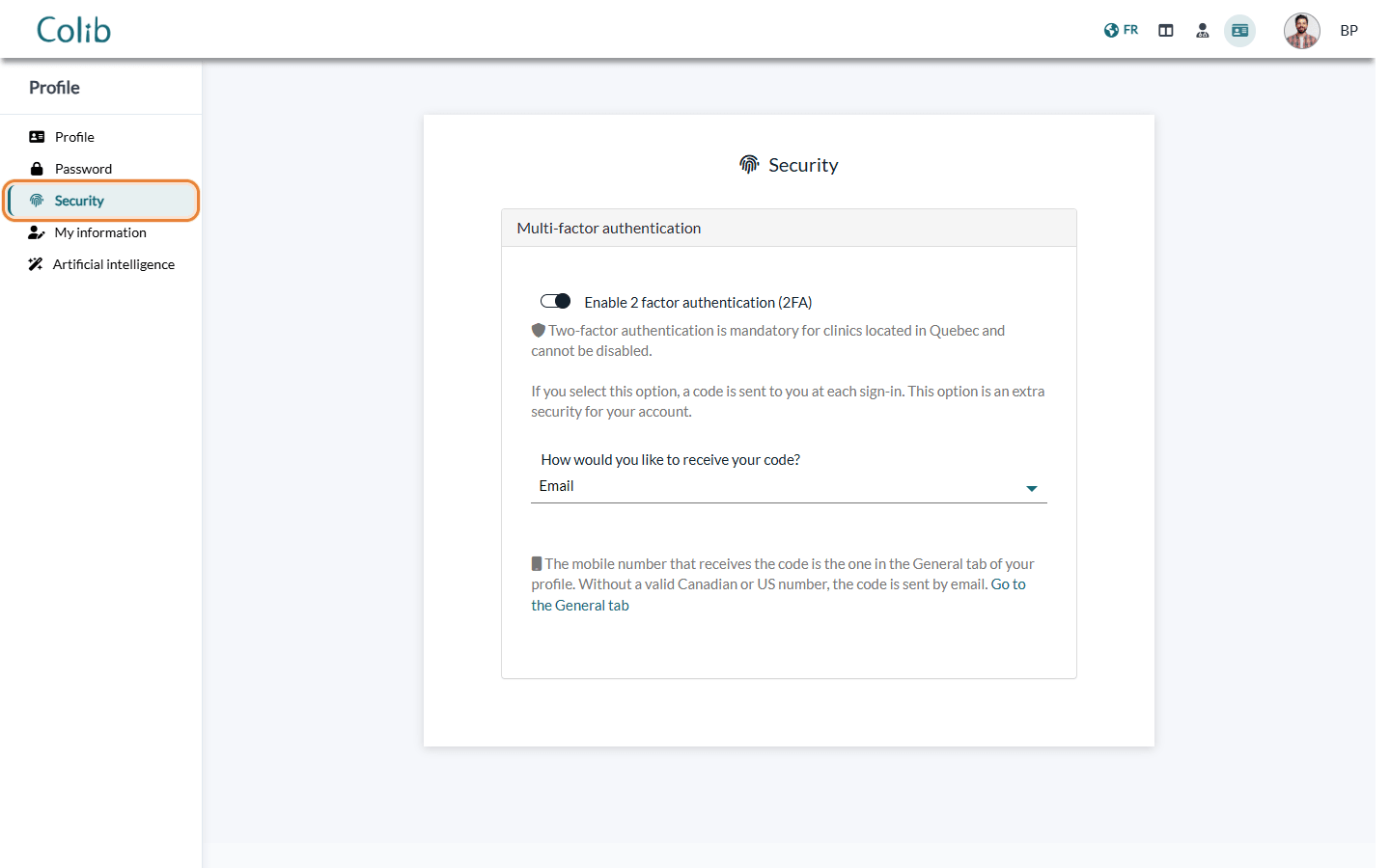 Security tab of the client portal profile with the two-factor authentication switch