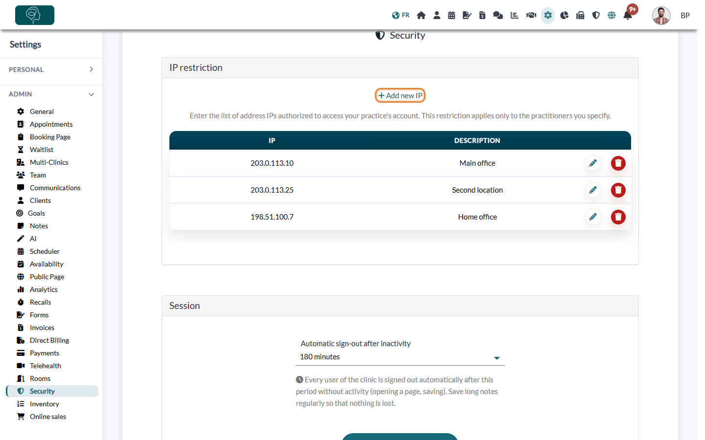 IP restriction section of Settings > Security with the Add new IP link and the list of authorized addresses