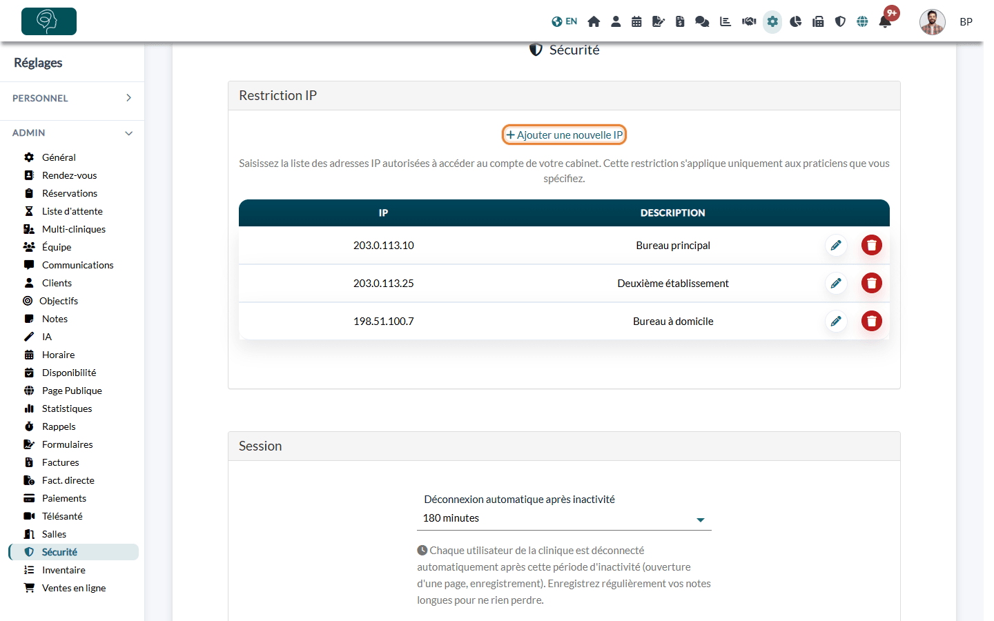 Section Restriction IP de Réglages > Sécurité avec le lien Ajouter une nouvelle IP et la liste des adresses autorisées