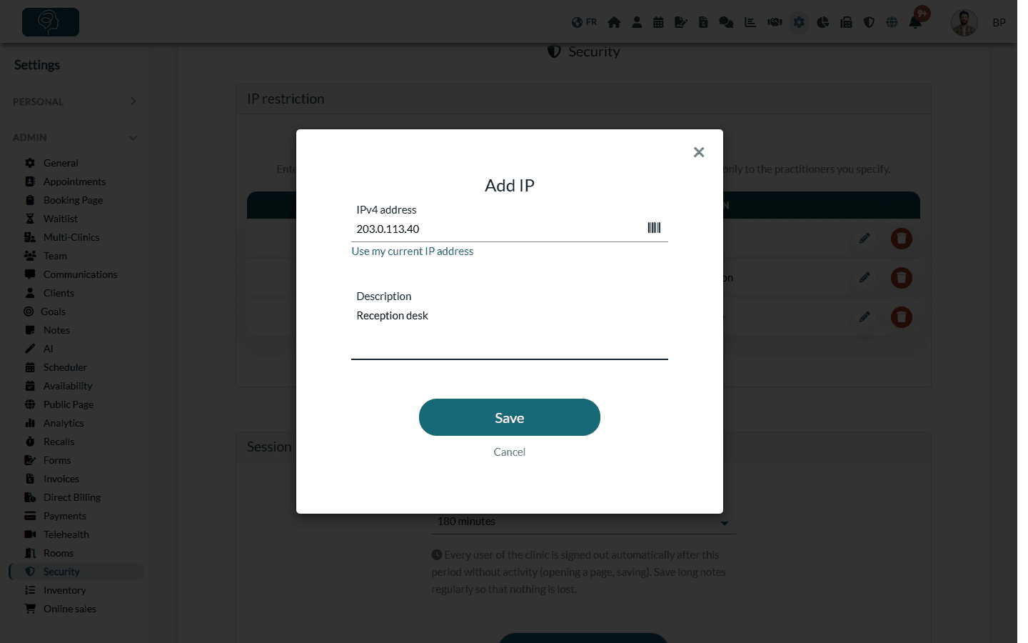 Add IP window with the IPv4 address and Description fields