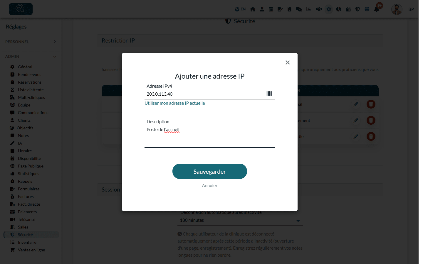 Fenêtre Ajouter une adresse IP avec les champs Adresse IPv4 et Description