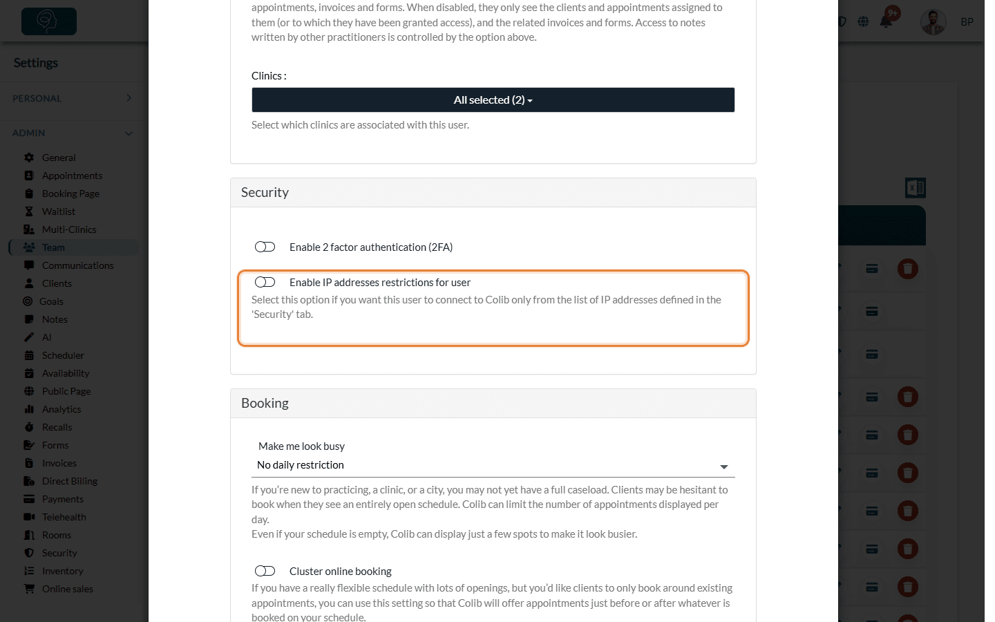Security section of the Team Member Edition window with the Enable IP addresses restrictions for user option