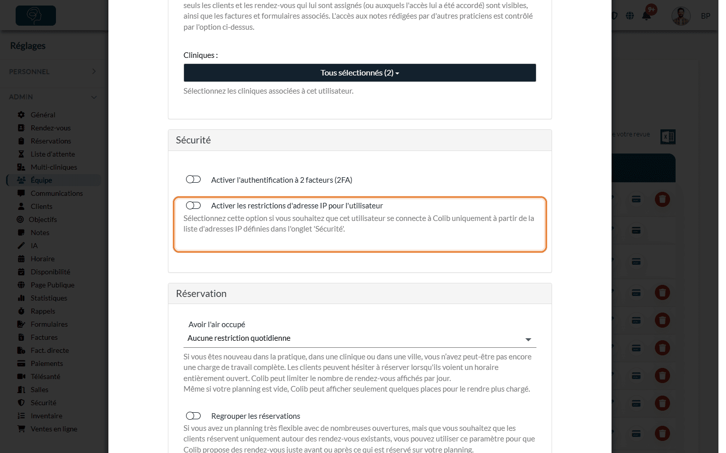 Section Sécurité de la fenêtre Édition membre de l'équipe avec l'option Activer les restrictions d'adresse IP pour l'utilisateur