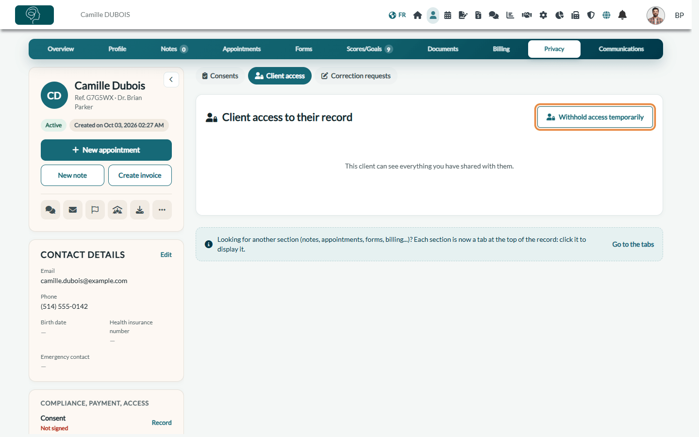 Client access section in the Privacy tab of a client record