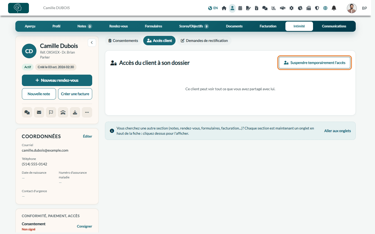 Section Accès client de l'onglet Intimité d'un dossier client