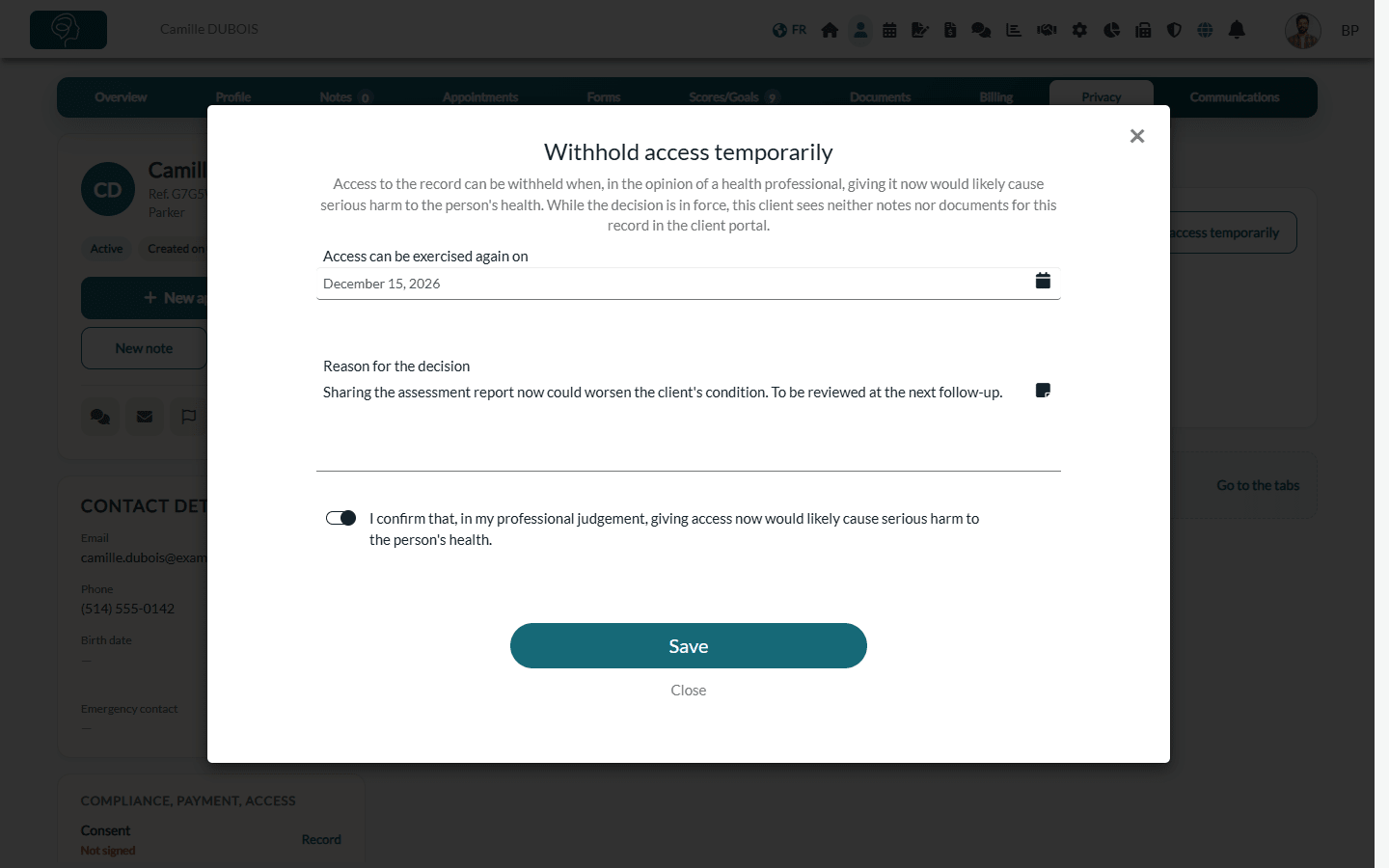 Withhold access temporarily window with the date, the reason and the confirmation