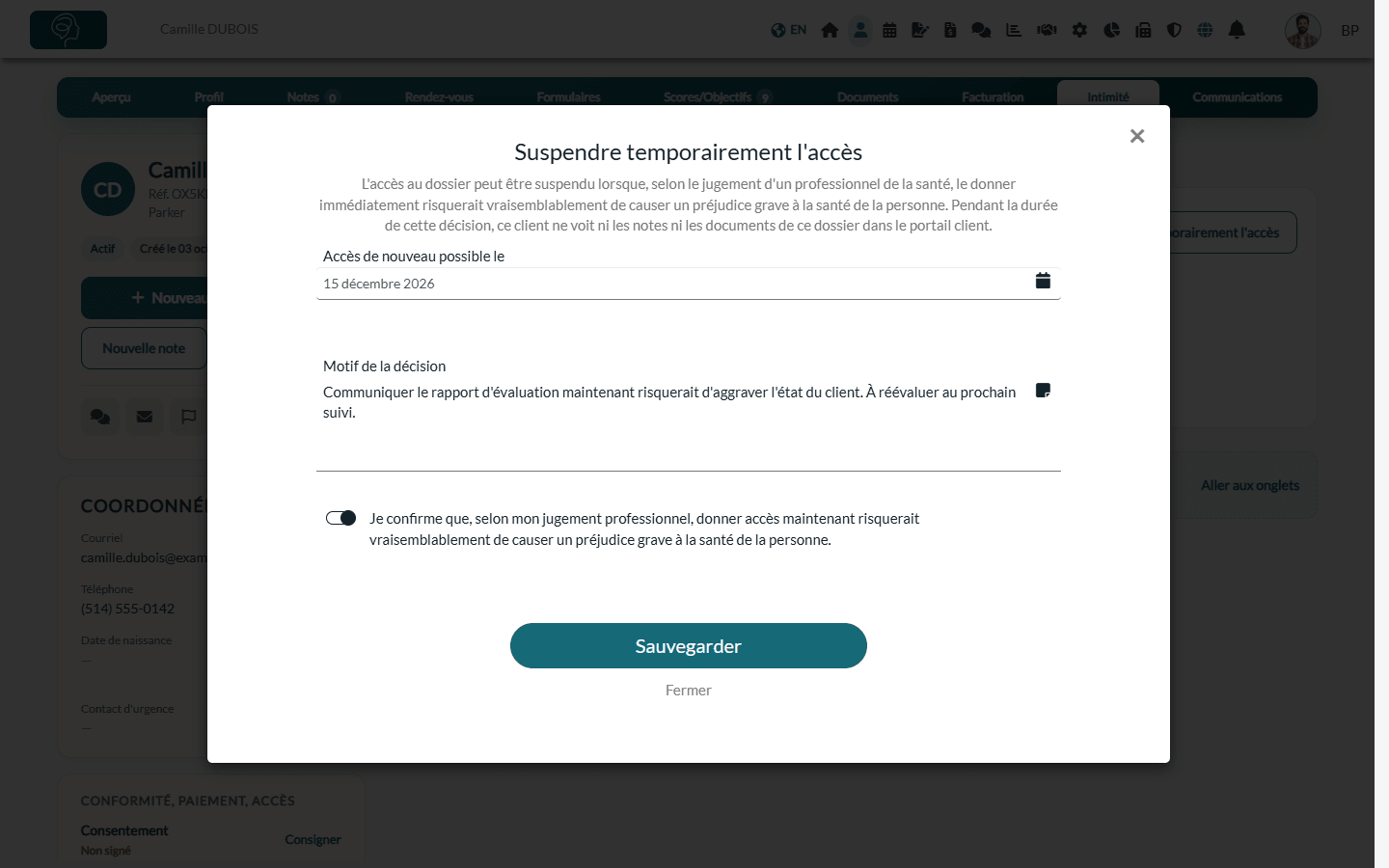 Fenêtre Suspendre temporairement l'accès avec la date, le motif et la confirmation