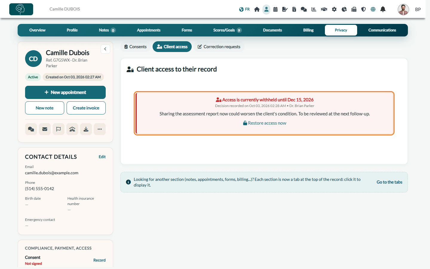 Access is currently withheld until a date, with the reason and the Restore access now link
