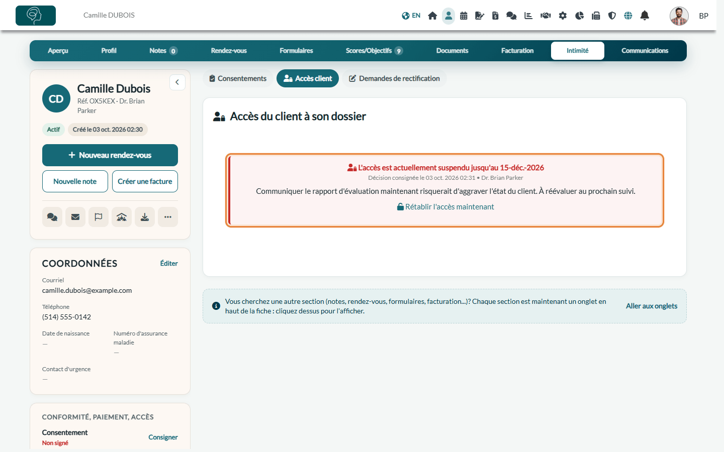 L'accès est actuellement suspendu jusqu'à une date, avec le motif et le lien Rétablir l'accès maintenant