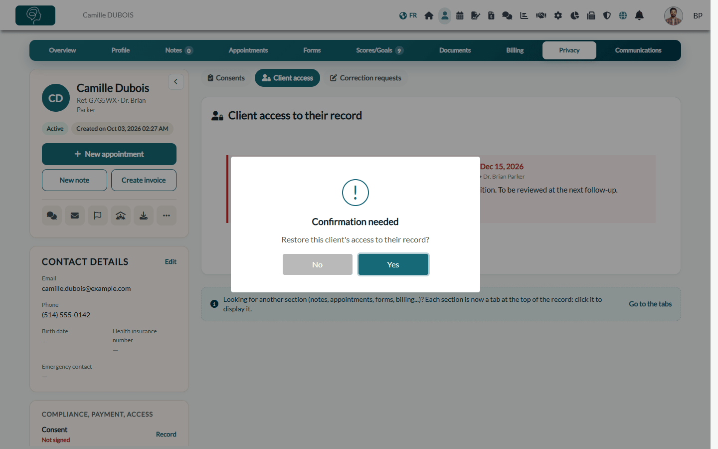 Confirmation window: Restore this client's access to their record?