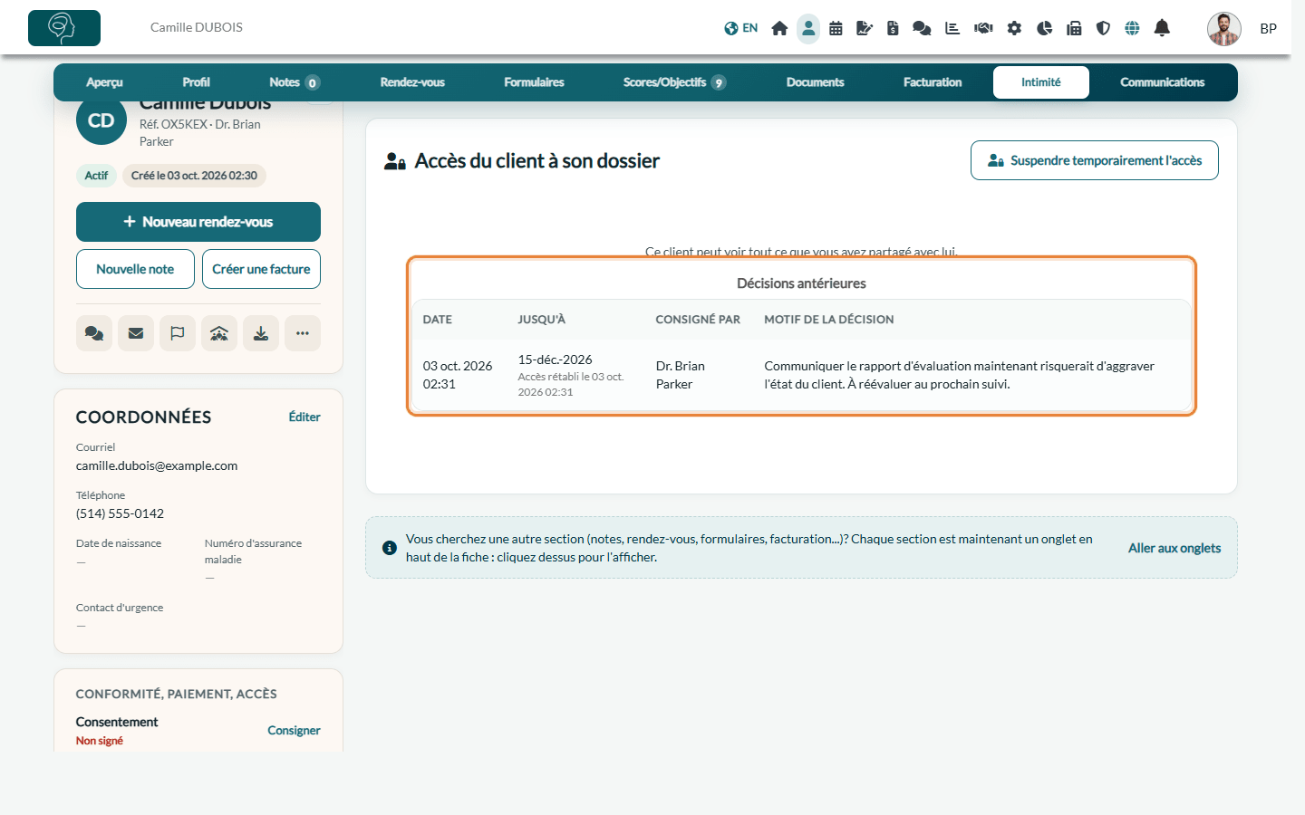 Tableau Décisions antérieures avec la date, la date de fin, le professionnel et le motif